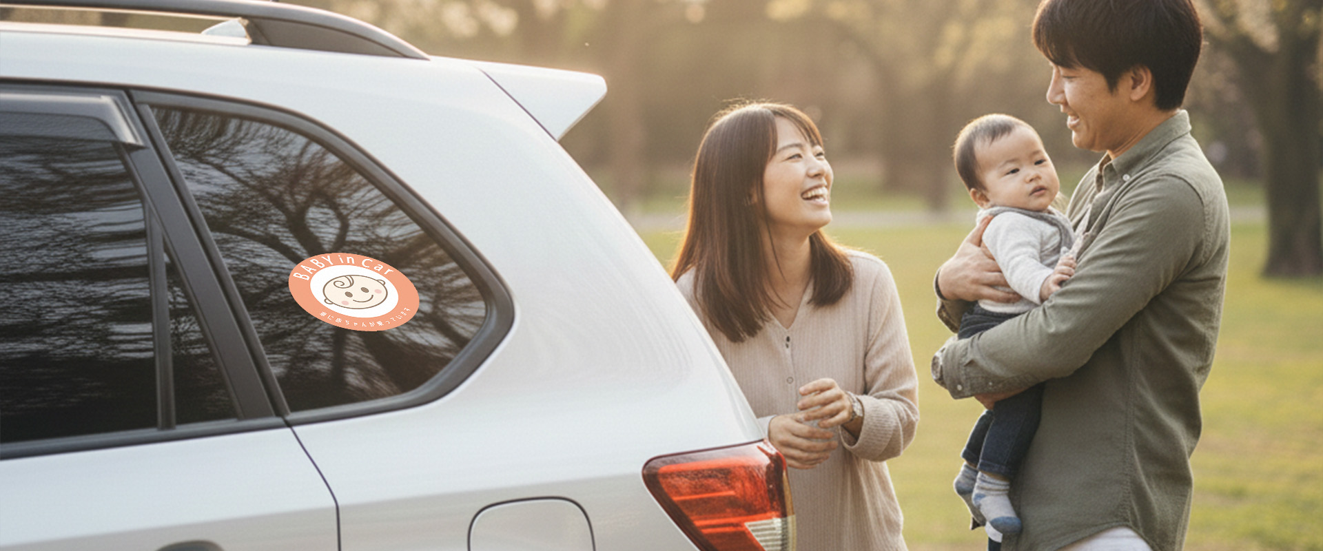 Baby in Car ステッカーを貼った車で赤ちゃんを乗せる様子